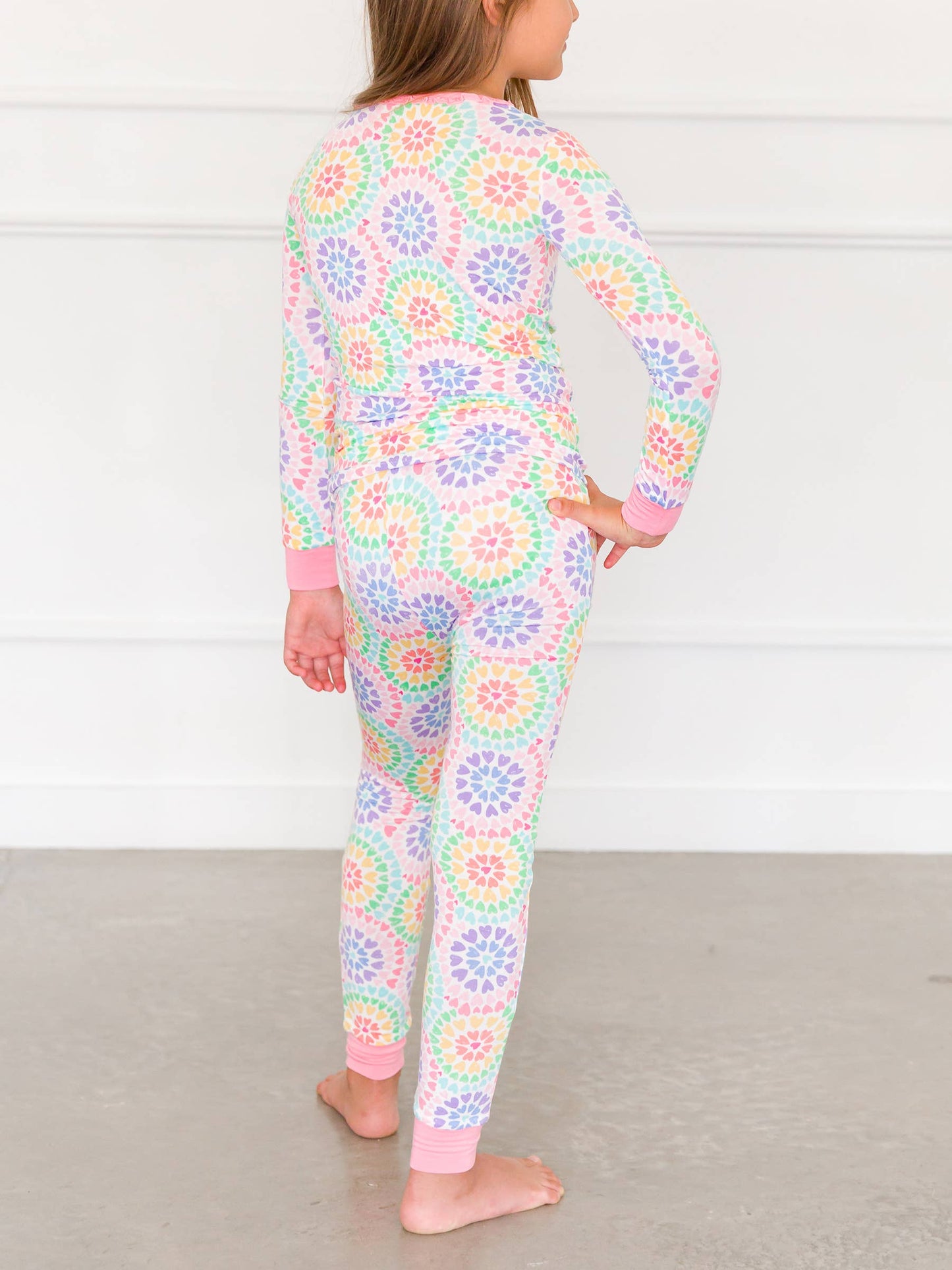 Girls Rainbow Kaleidoscope Hearts Bamboo Viscose Ruffle Long Sleeve Pajama Set