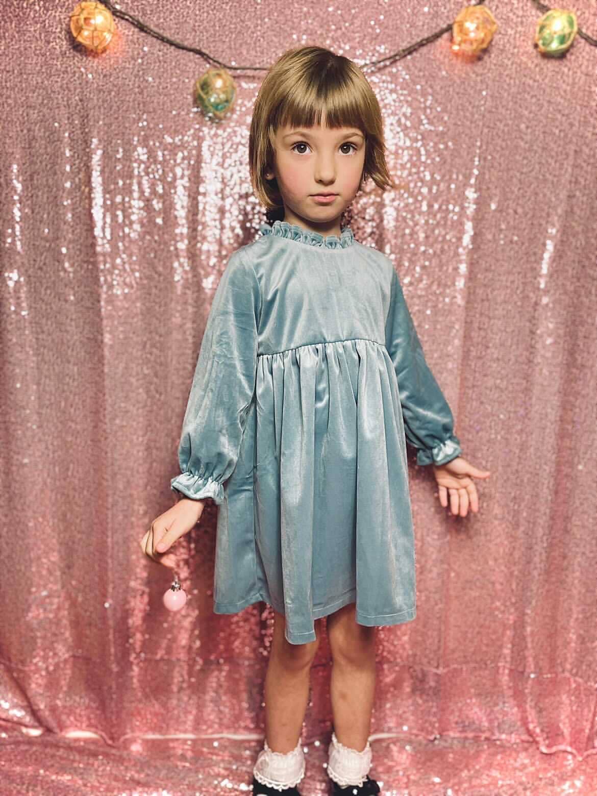 Blue Velvet Winter Dress for Baby Toddler Girls Christmas