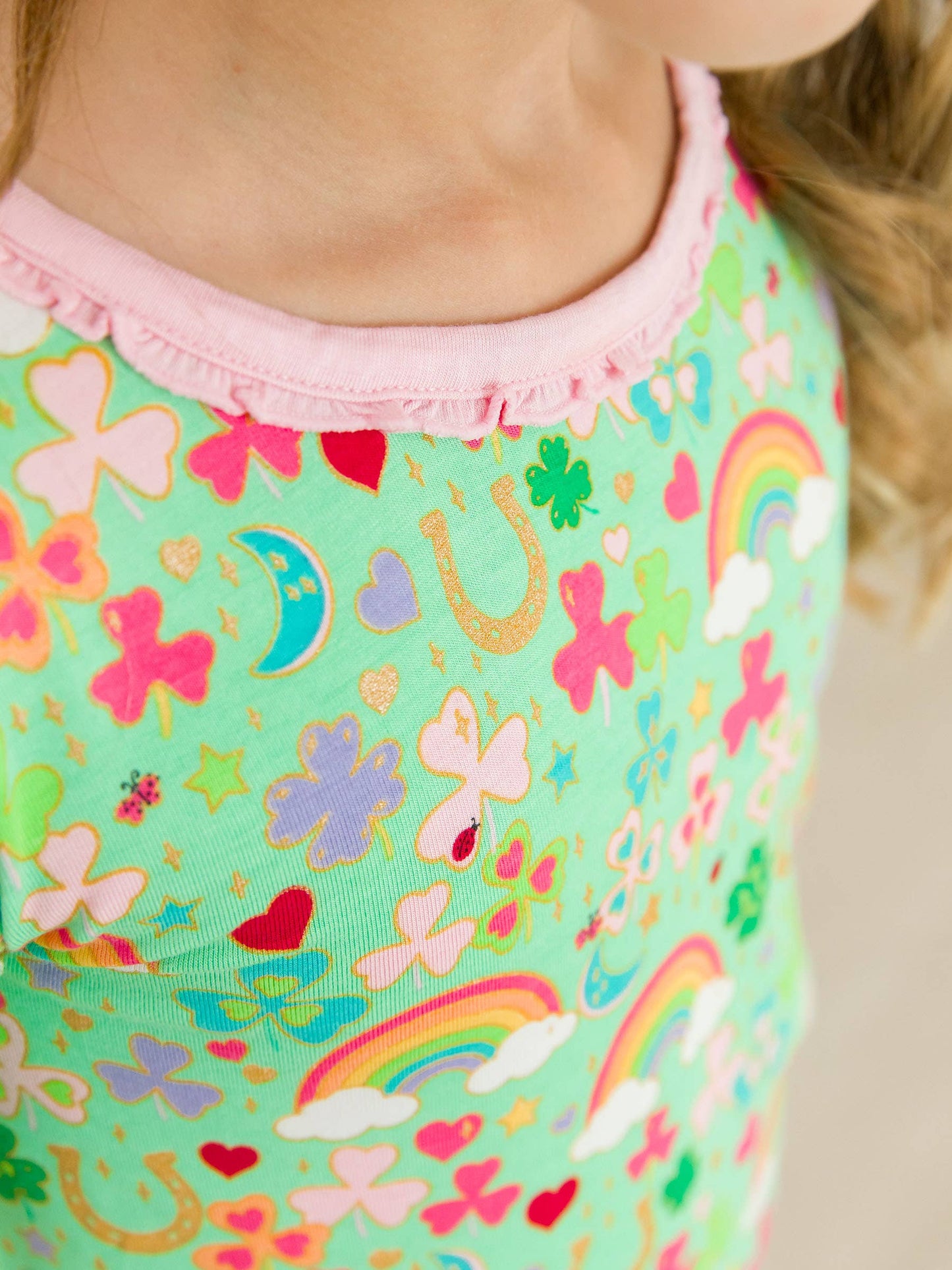Girls Green Lucky Day Bamboo Viscose Ruffle Long Sleeve Pajama Set