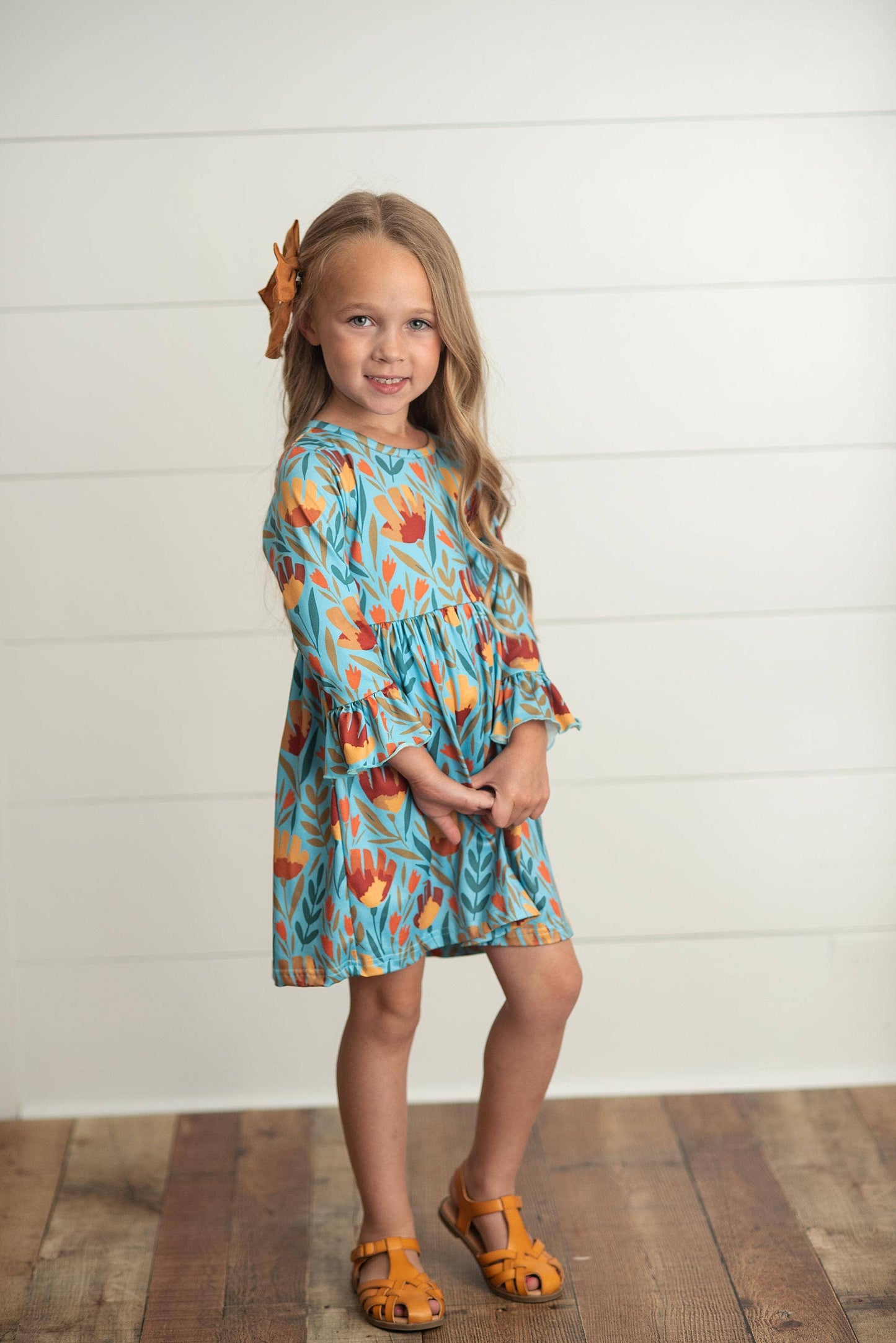 Kids Claire Mustard Teal Floral Print Fall Twirl Dress