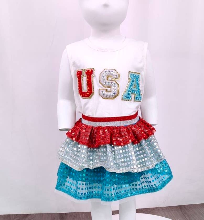 Girls USA Patched Tank & Ruffle Sequins Skirt Set