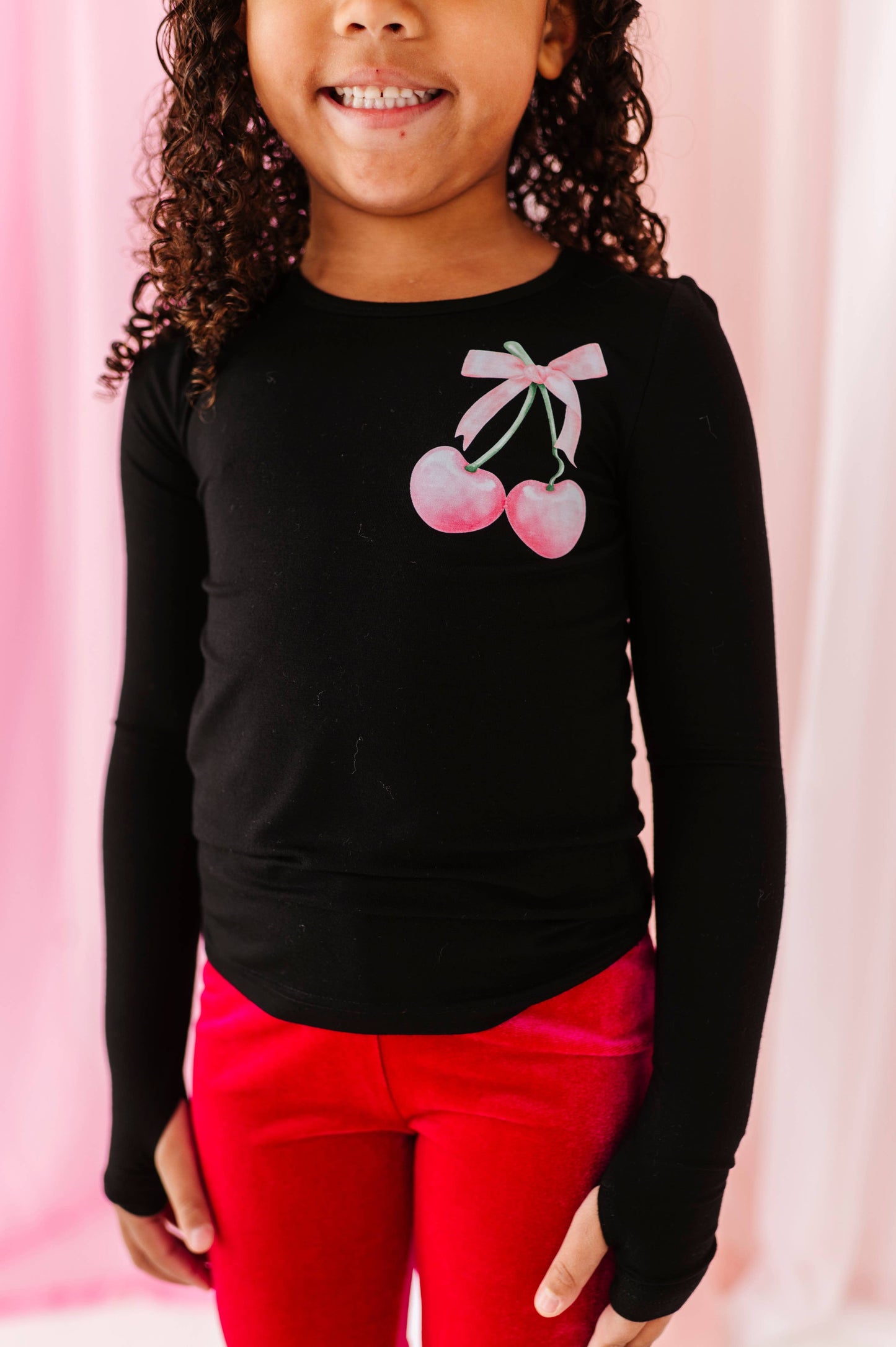 Mini Bow Cherries | Black Bamboo Long Sleevee