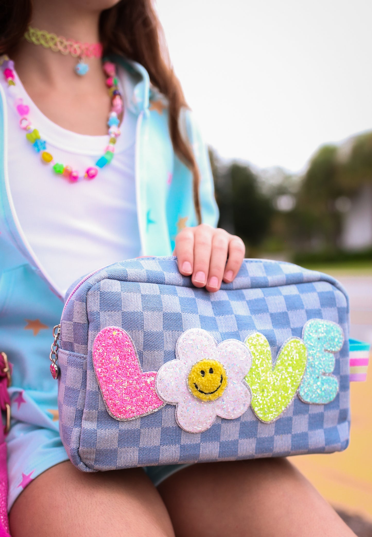 'Love' Denim Checkered Daisy Pouch