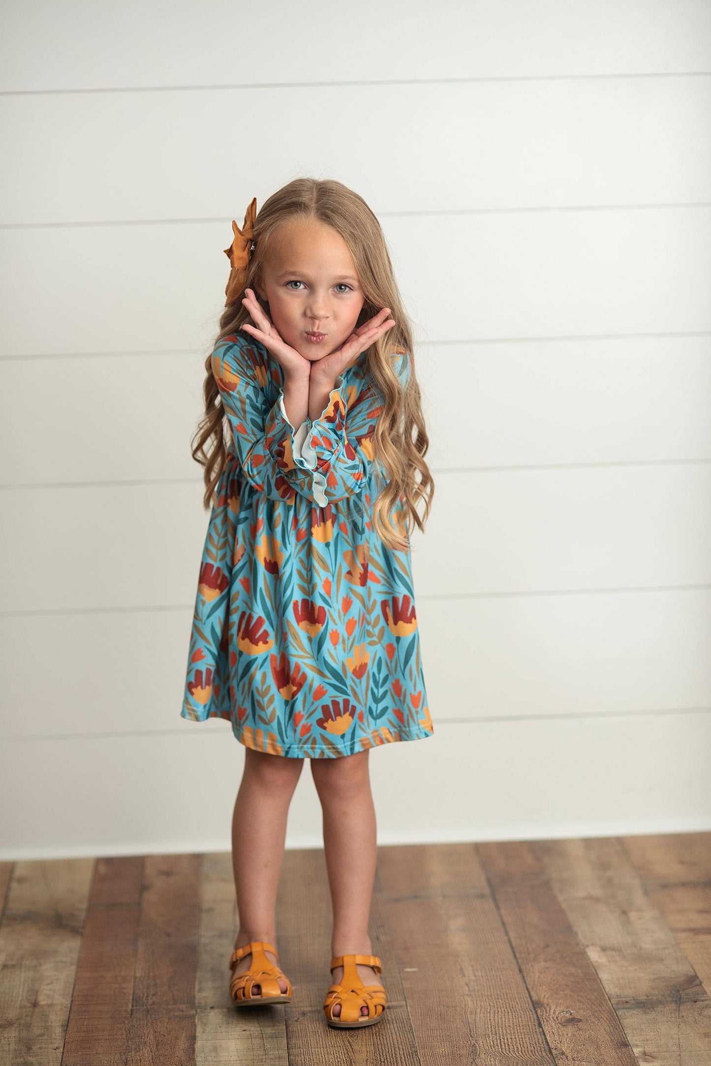 Kids Claire Mustard Teal Floral Print Fall Twirl Dress