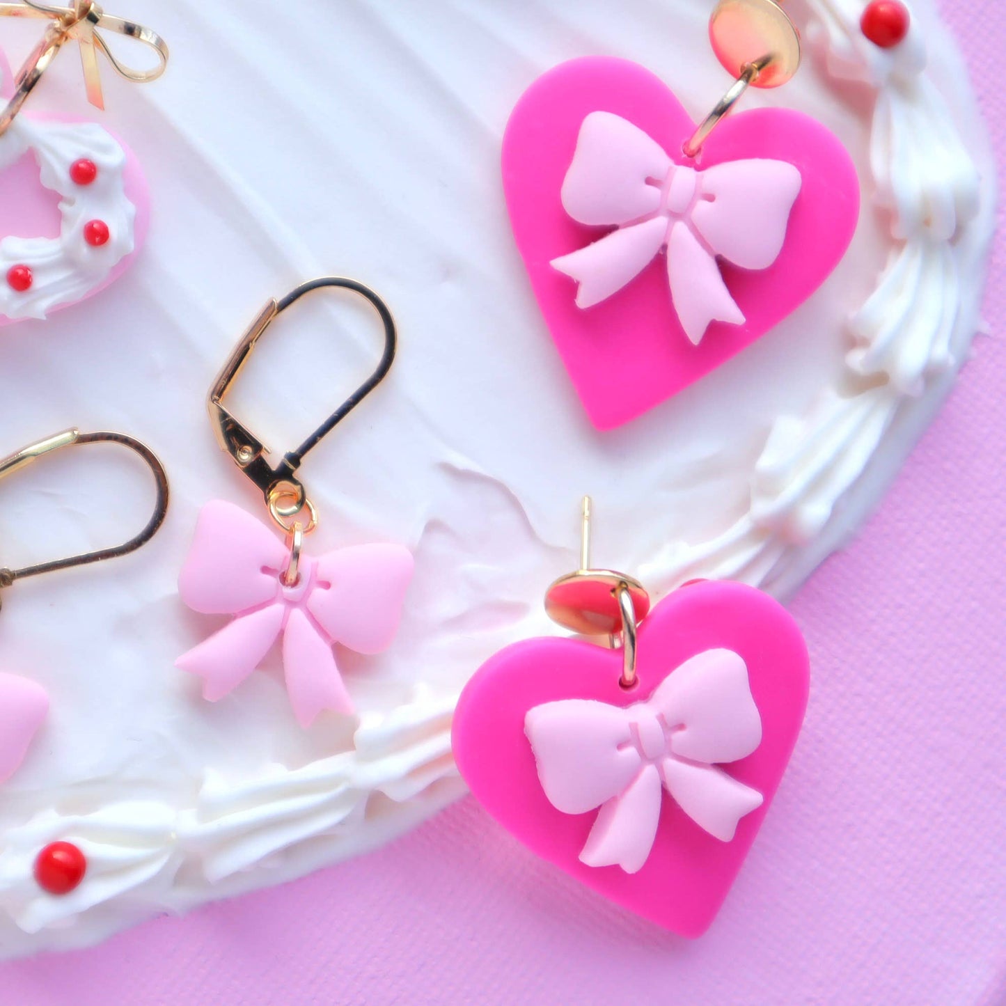 Girly Pink Bow Heart Earrings