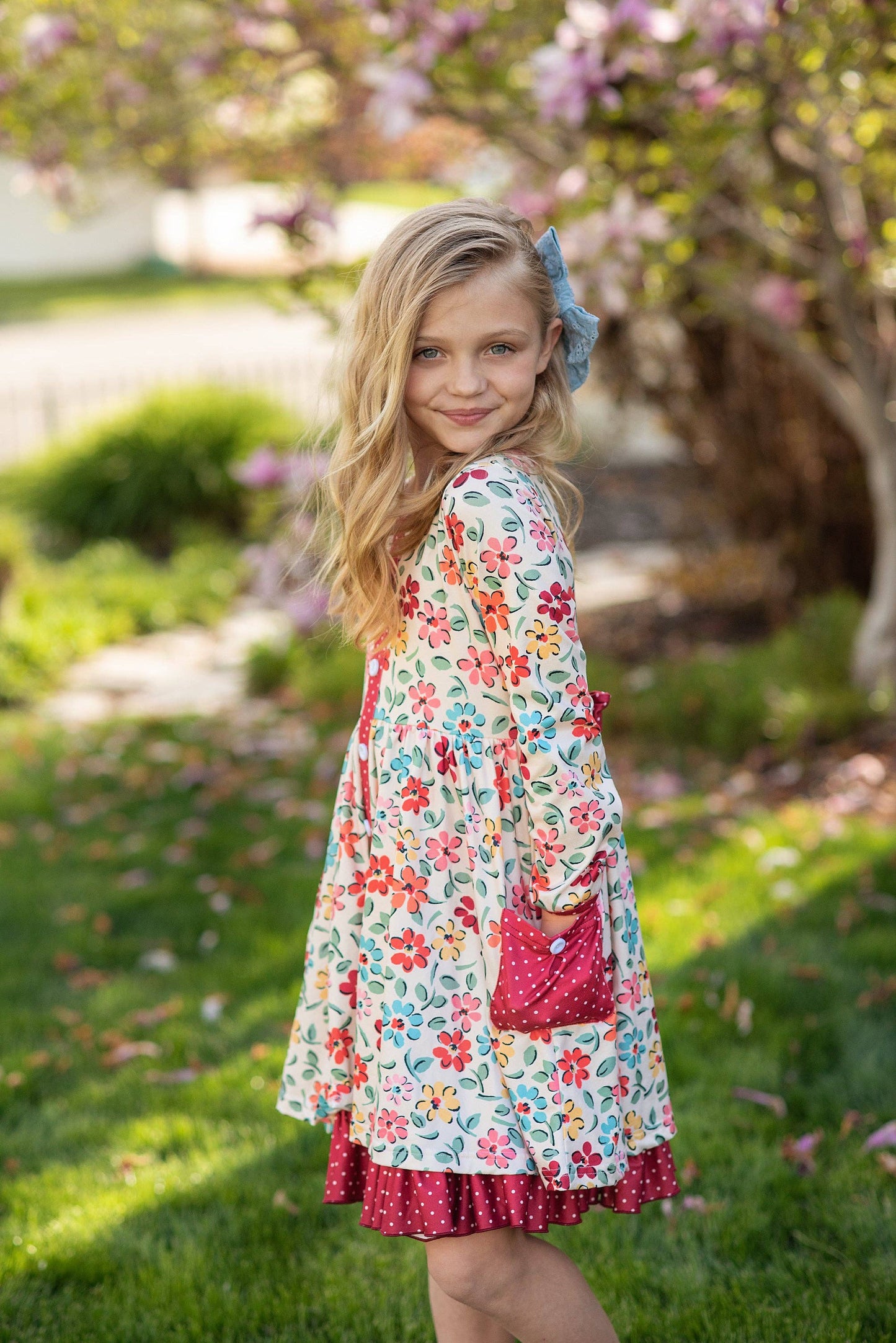Kids Cream & Burgundy Floral Ruffle Button Pocket Fall Dress