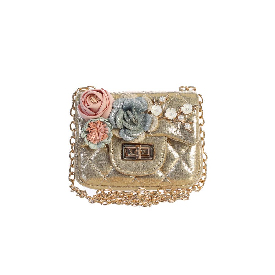 Metallic Cushion Pattern Mini Purse with Flowers