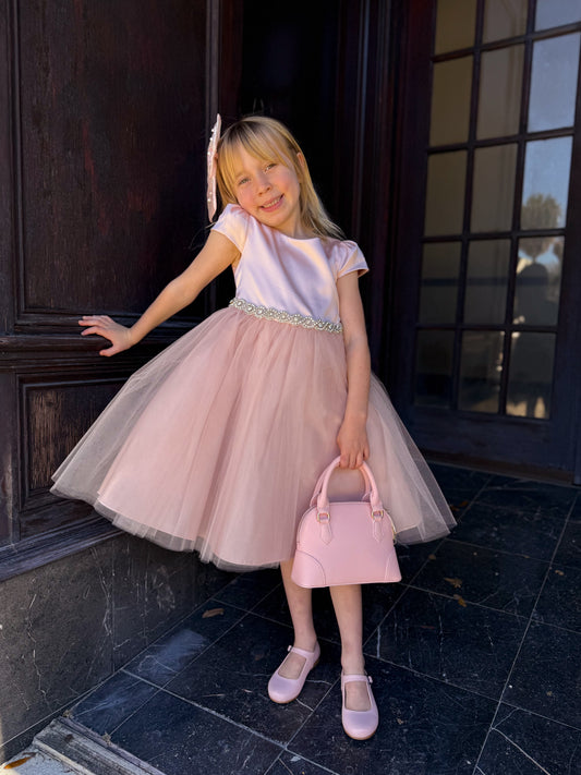 Capped Sleeve Satin Dress with Rhinestone Trim