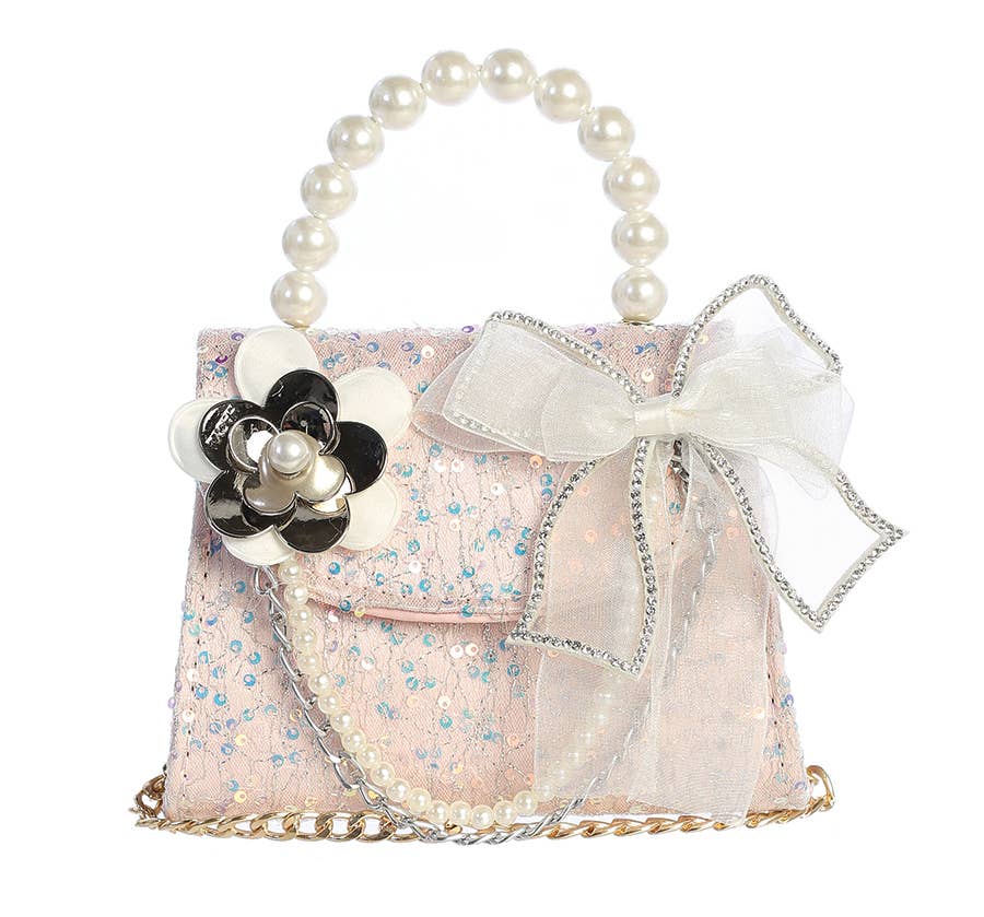 Sequin Purse with Floral and Chain Accent