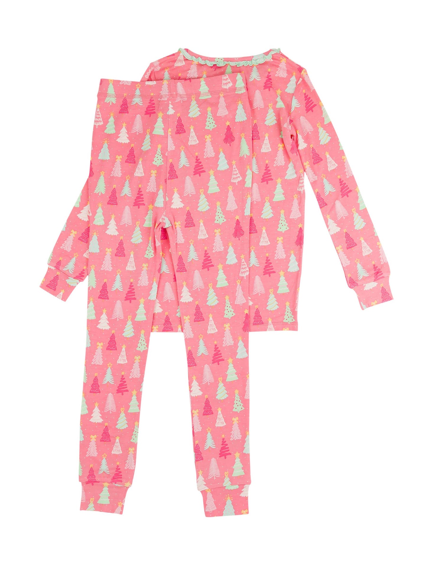 Girls Merry Pink Pines Bamboo Viscose Ruffle Long Sleeve Pajama Set