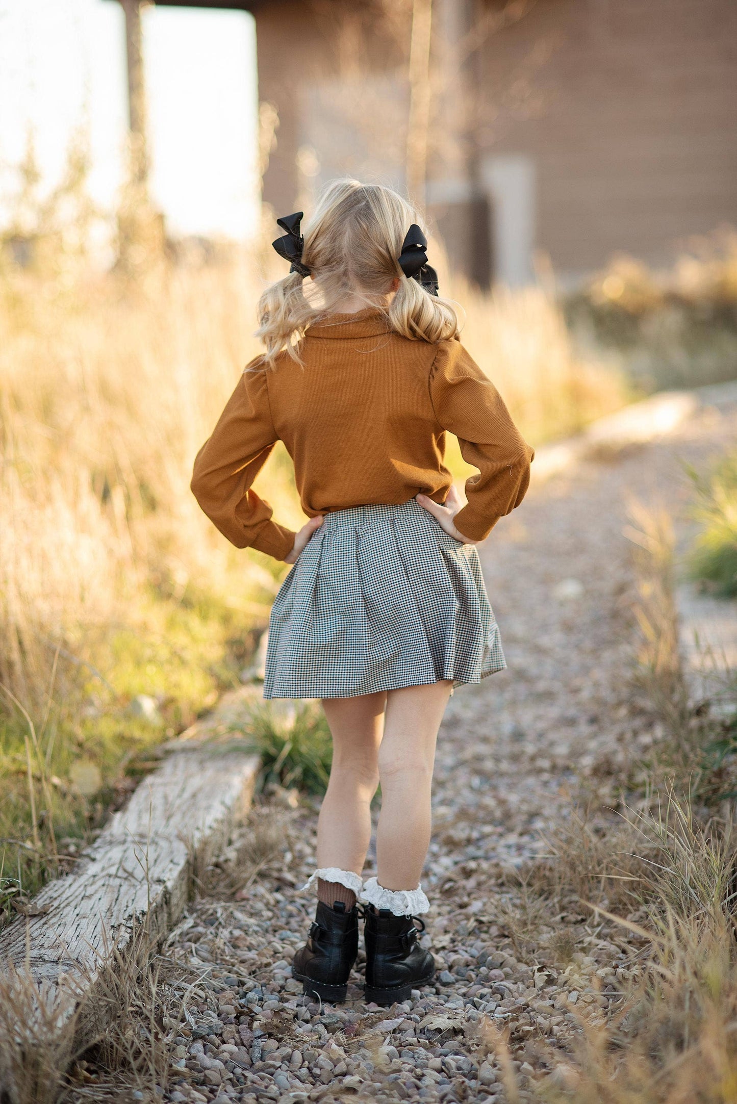 Kids Carmel Puff Sleeve Top & Bow Check Fall Skirt Set