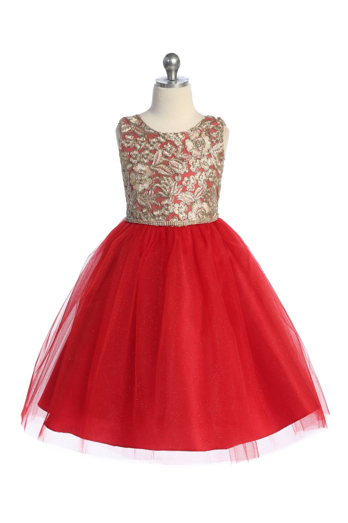 Gold Embroidered Lace V Back & Bow Girl Dress with Plus Size