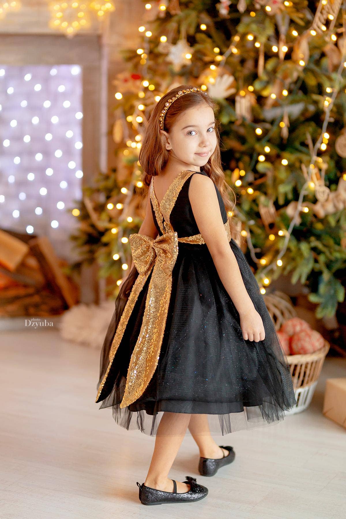 Gold Sequins V Back & Bow Girls Dress
