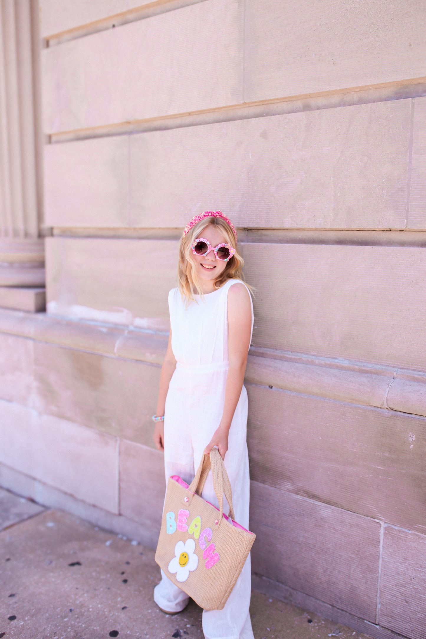 'Beach' Daisy Straw Tote Bag