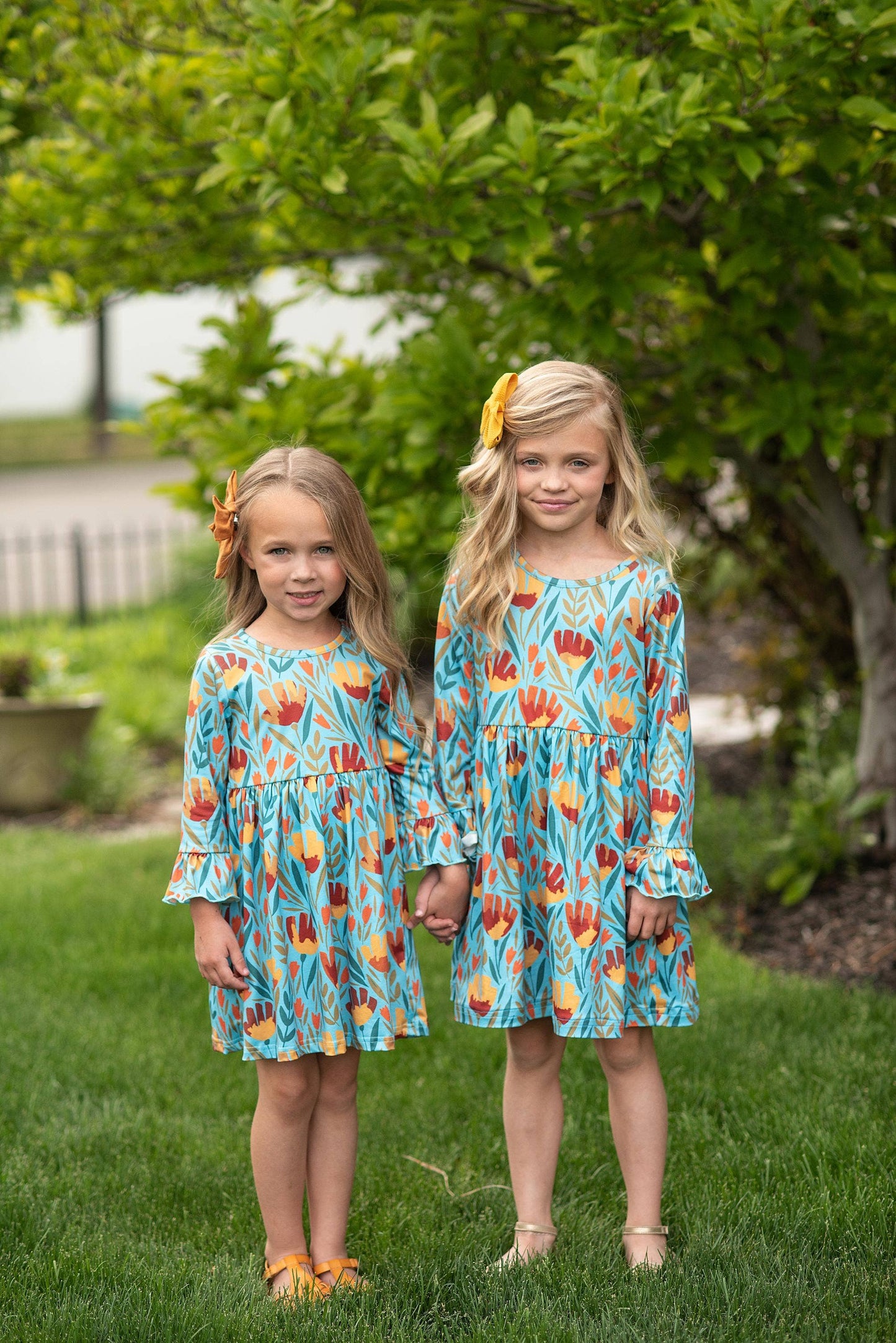 Kids Claire Mustard Teal Floral Print Fall Twirl Dress