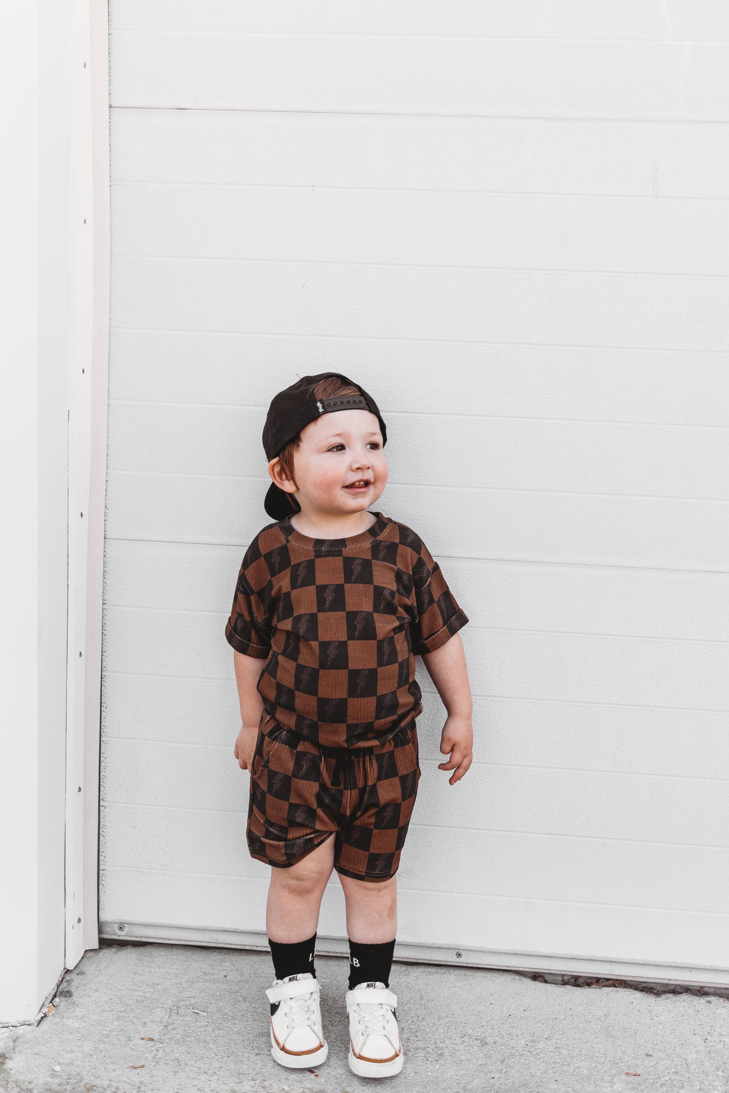 Brown Checkered Lightning Bolt Ribbed Lounge Short Set
