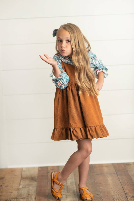 Kids Blue Floral Smocked Top & Caramel Corduroy Jumper Set