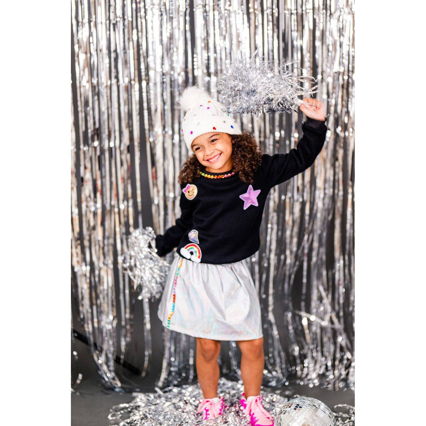 Girls Patched Black Crewneck with Gems