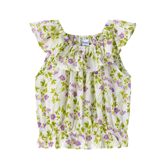 Kids Round Neck Mauve Flowers Girl's Blouse