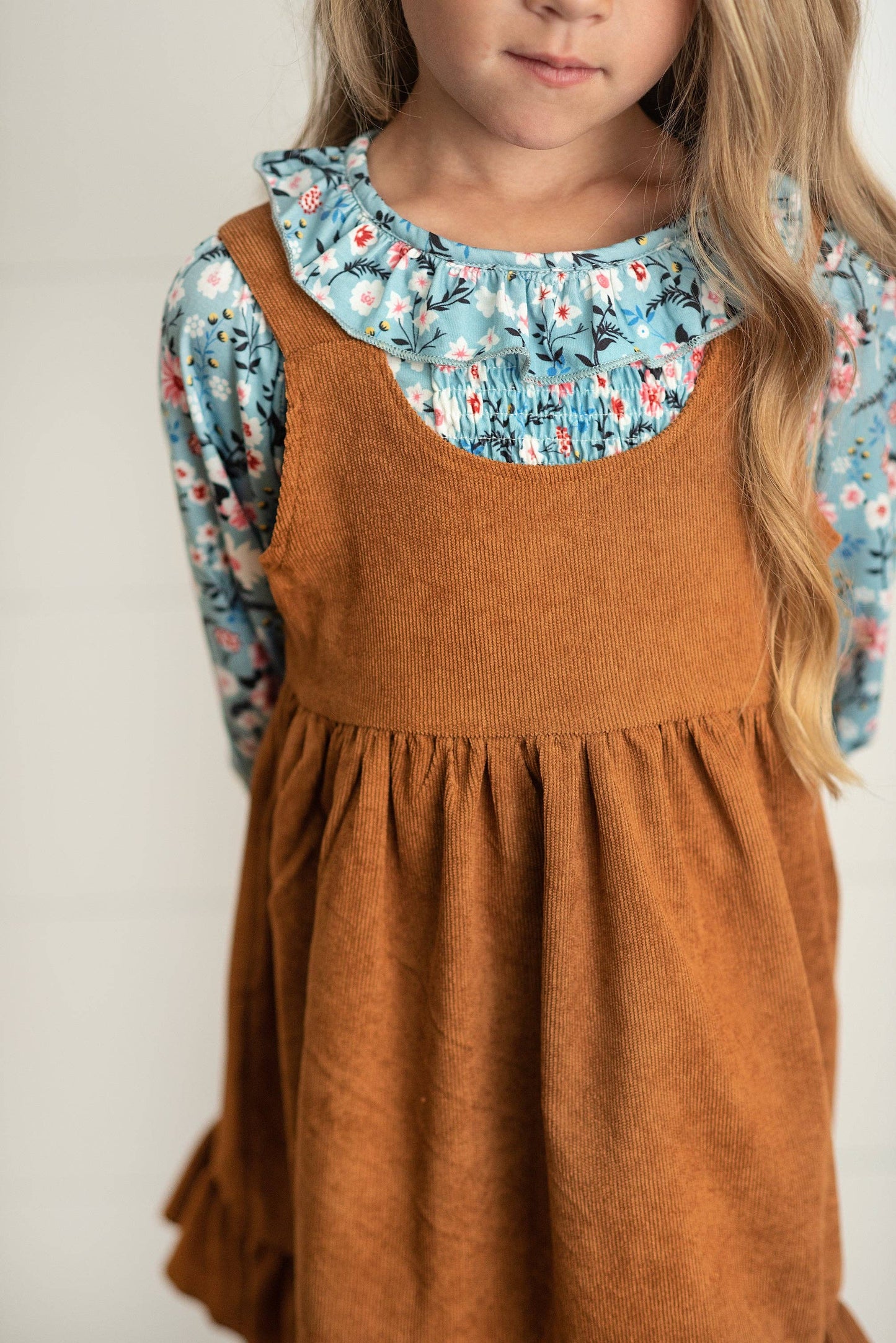 Kids Blue Floral Smocked Top & Caramel Corduroy Jumper Set
