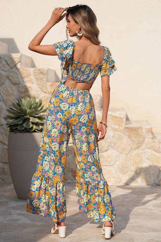 LDC Floral Allover Print Shirred Cut Out High Waist Jumpsuit