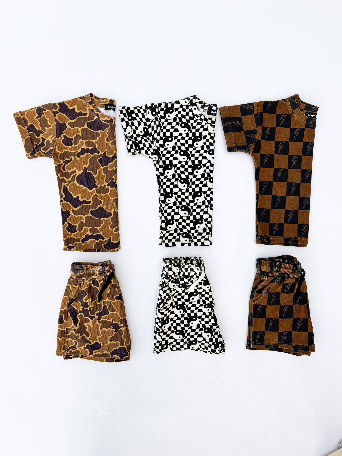 Brown Checkered Lightning Bolt Ribbed Lounge Short Set