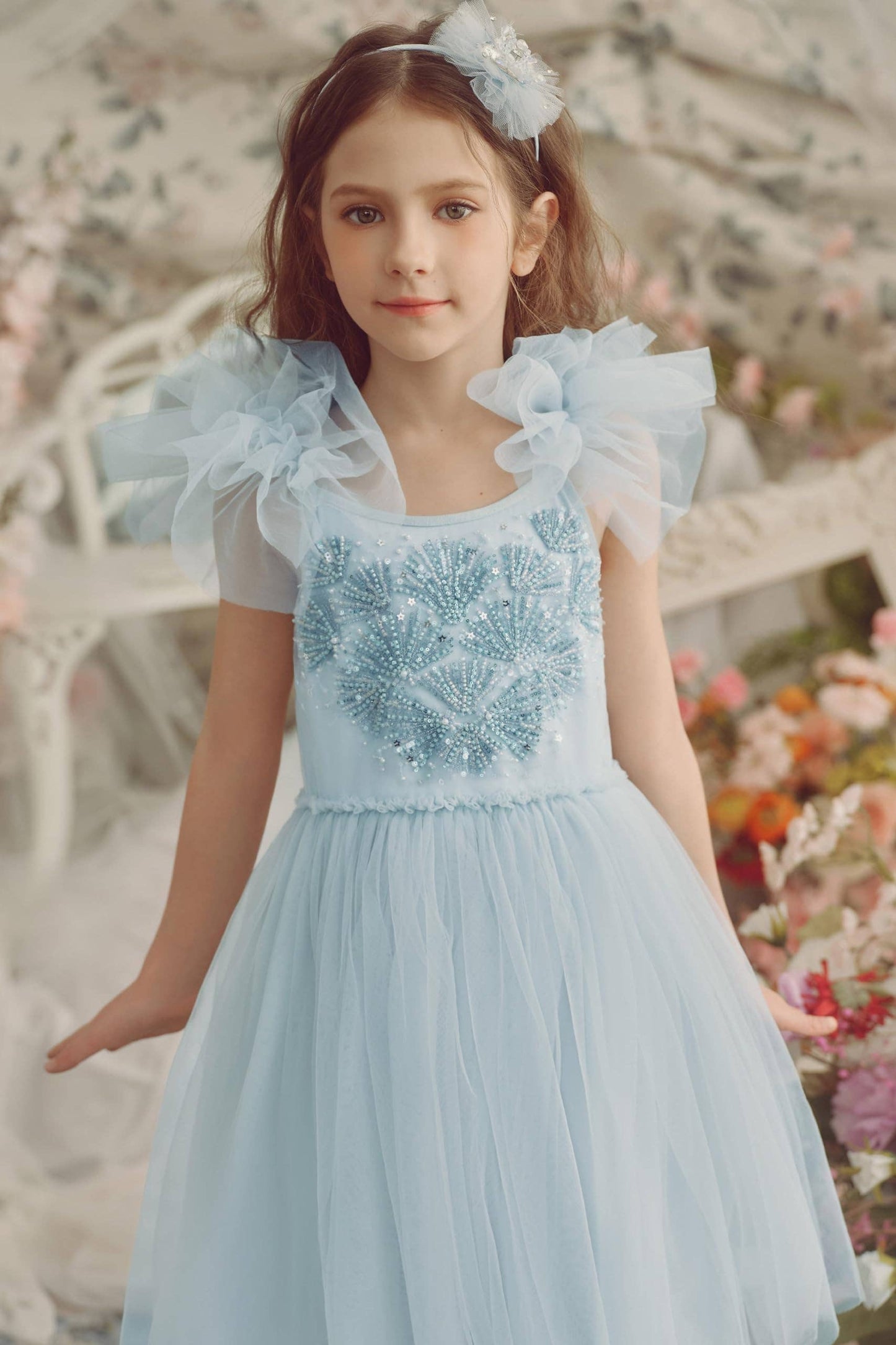 Vibrant Embroidered Flutter Sleeve Tulle Dress in Light Blue