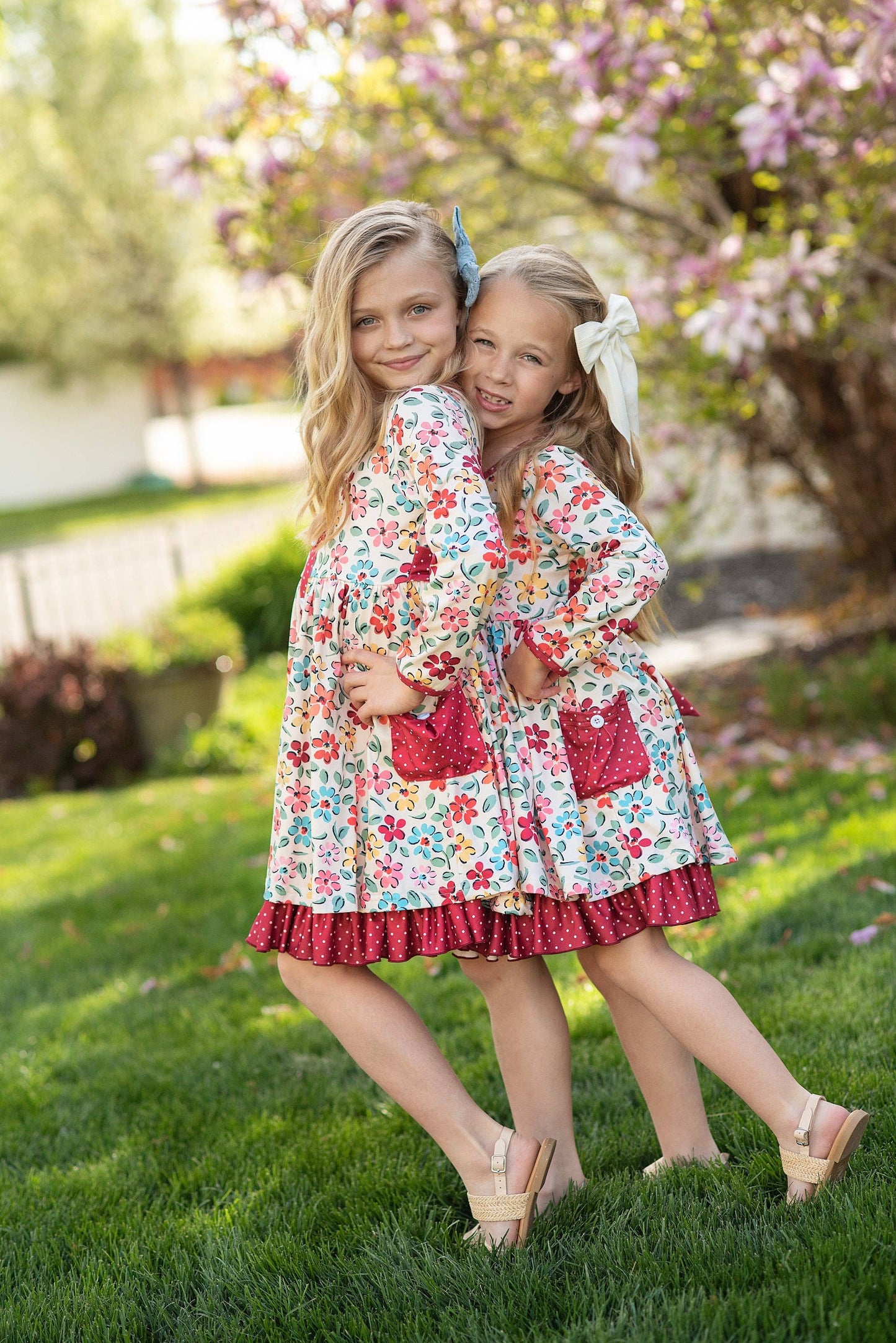 Kids Cream & Burgundy Floral Ruffle Button Pocket Fall Dress