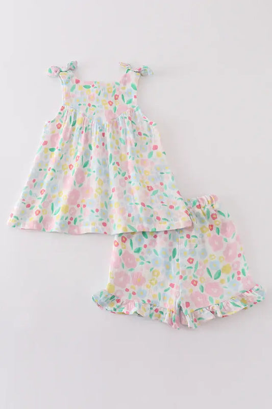 Premium Pink muslin leaves shorts set