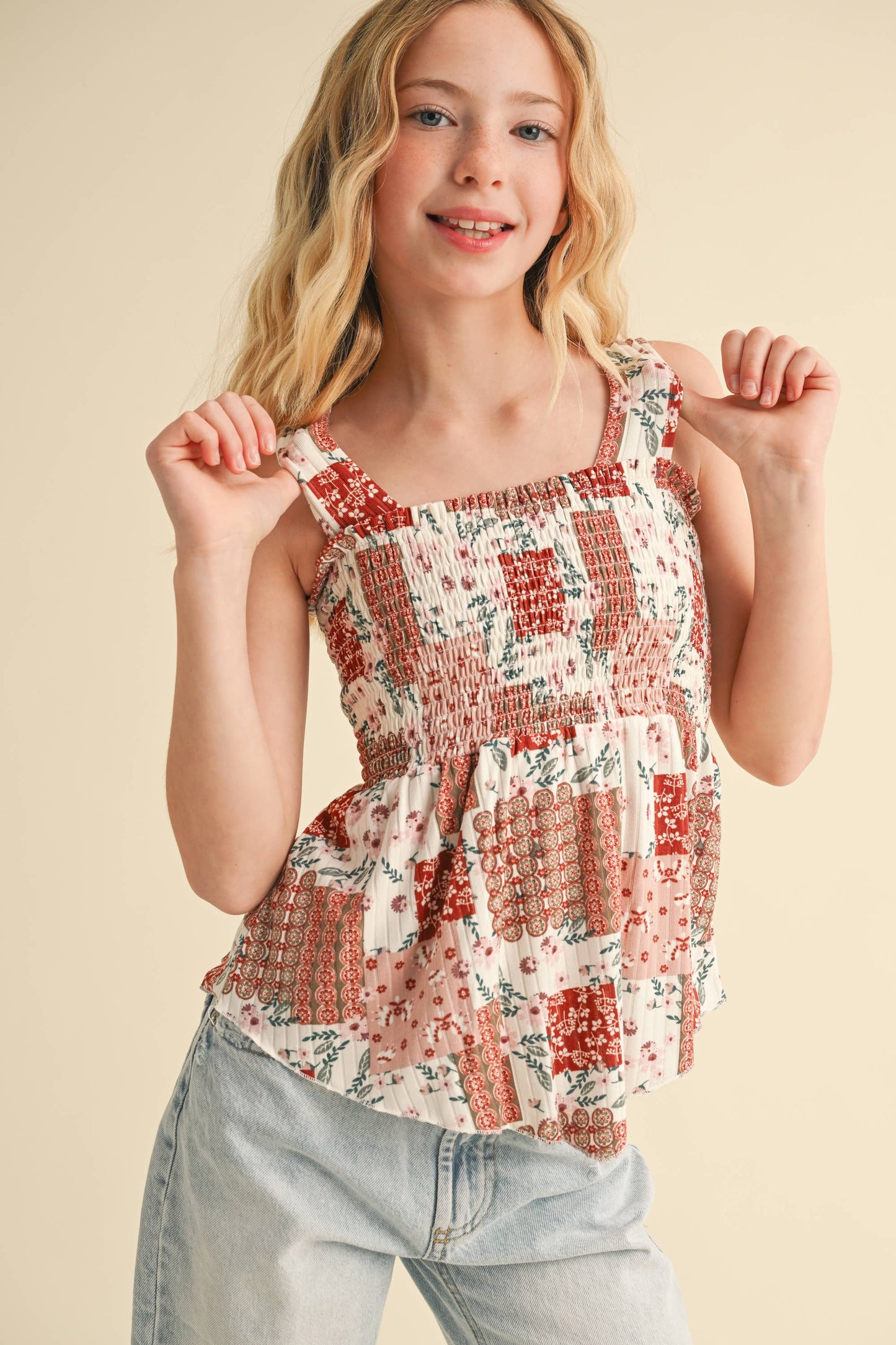TWEEN GIRLS KIDS WIDE STRAP PEPLUM TANK WITH SMOCKED (XS-XL)