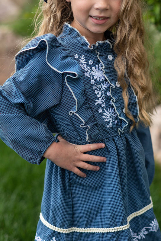 Kids Blue Check Embroidered Ruffle Long Sleeve Fall Dress