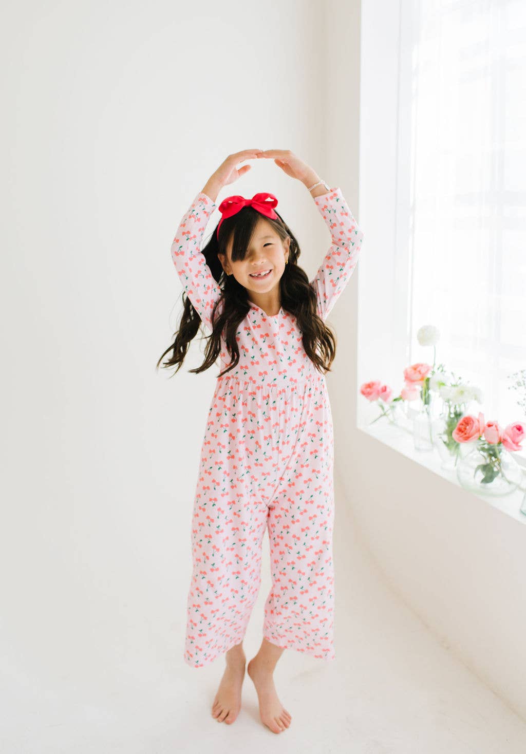 Long Sleeve Pant Romper in Cherries | girls Clothing