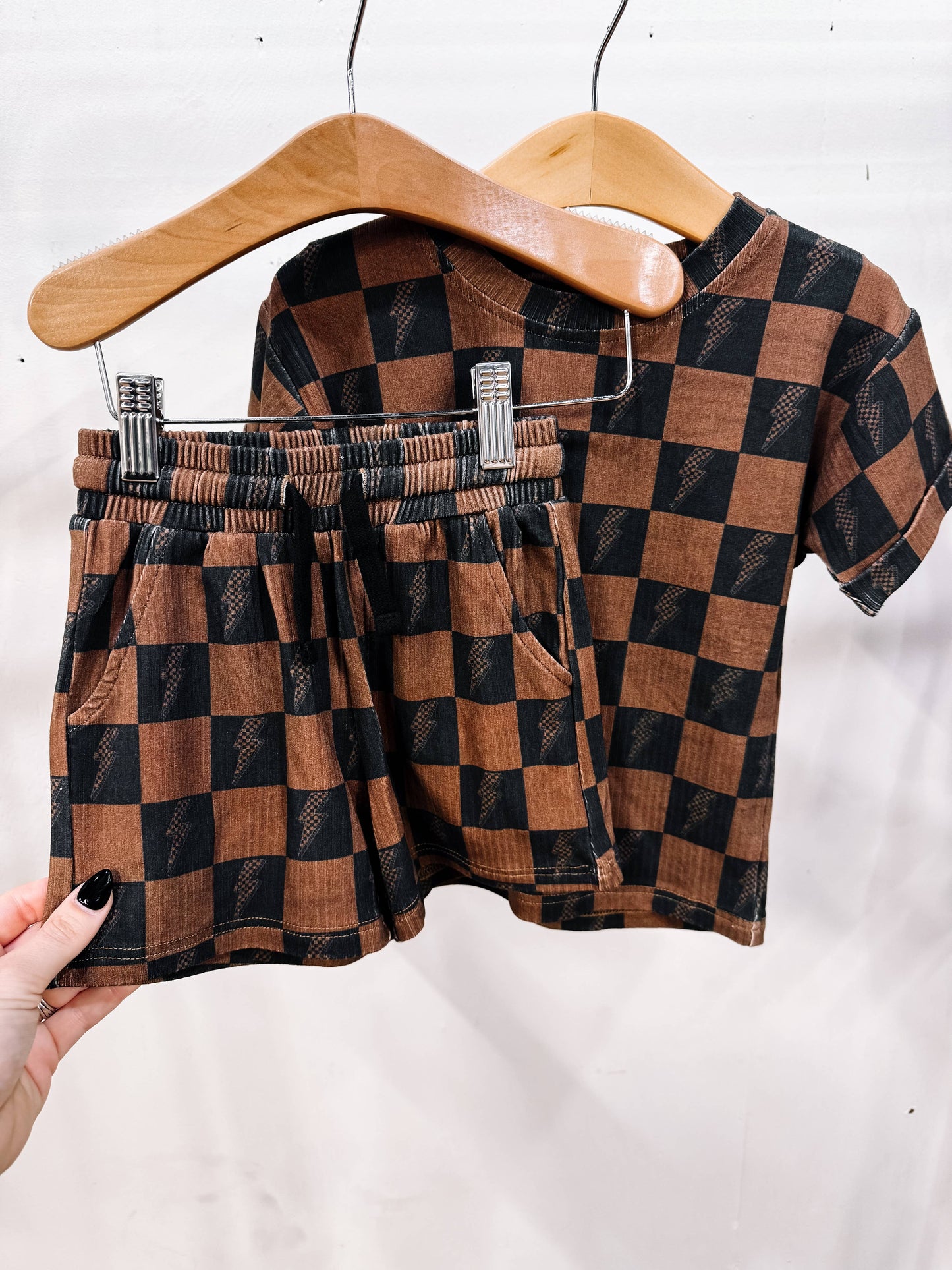 Brown Checkered Lightning Bolt Ribbed Lounge Short Set