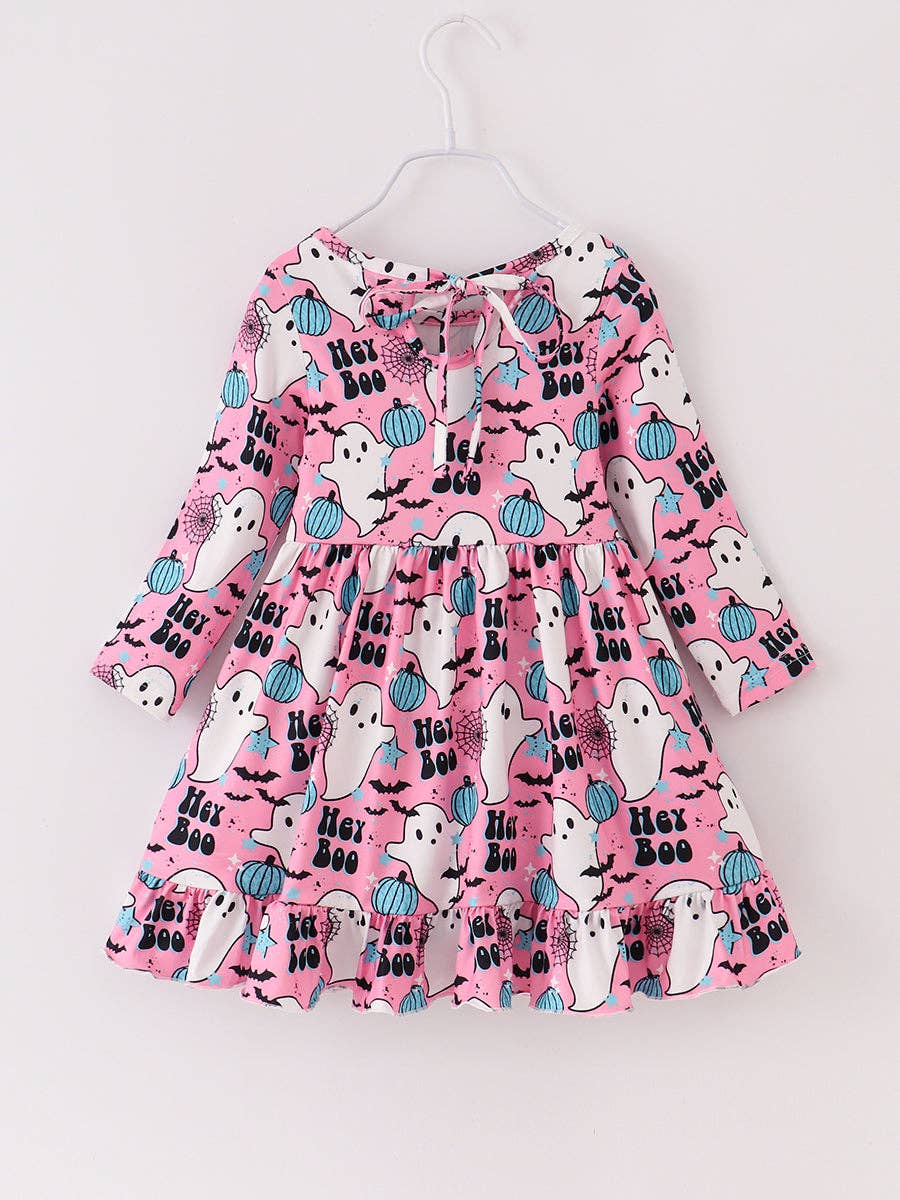 Halloween Pink Hey Boo Ghose Print Girl Twirl Dress