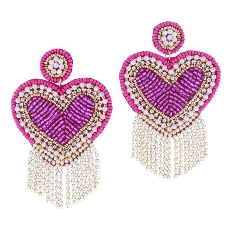 Fuchsia, Pearl Post & Heart with Pearl Tassel Earrings