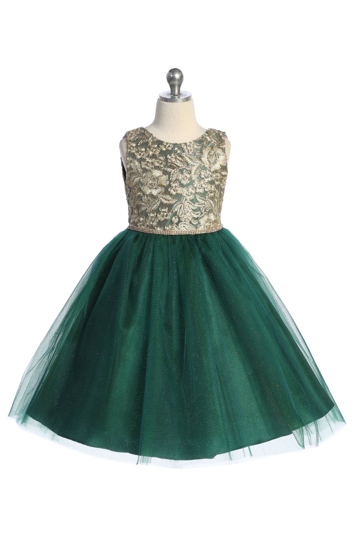 Gold Embroidered Lace V Back & Bow Girl Dress with Plus Size