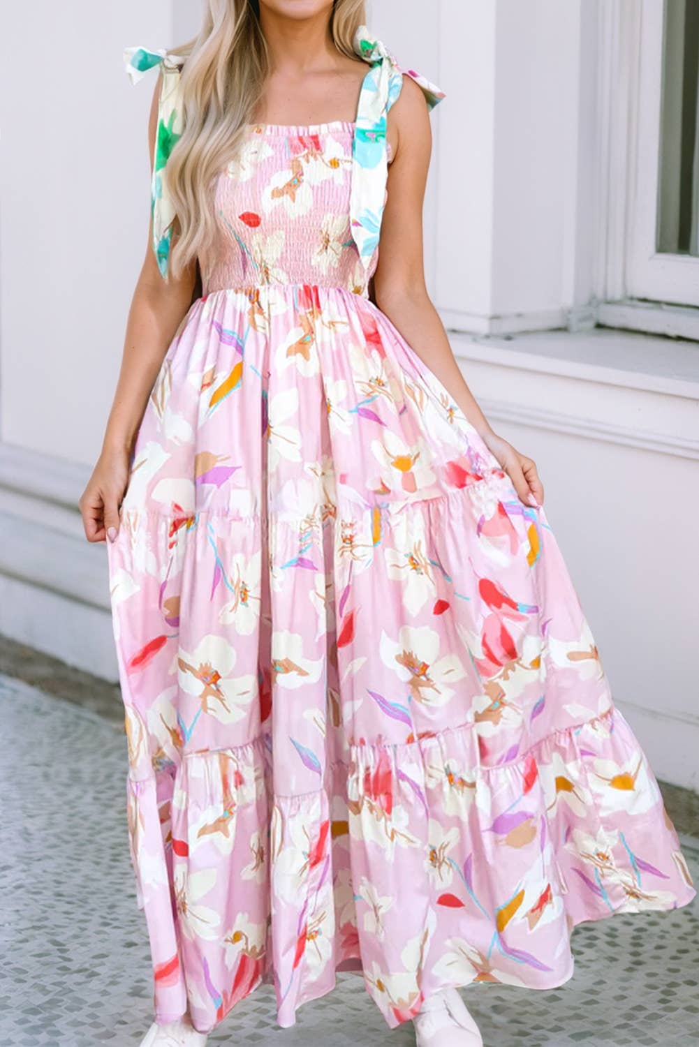 LDC Floral Print Knotted Shoulder Smocked Maxi Dress