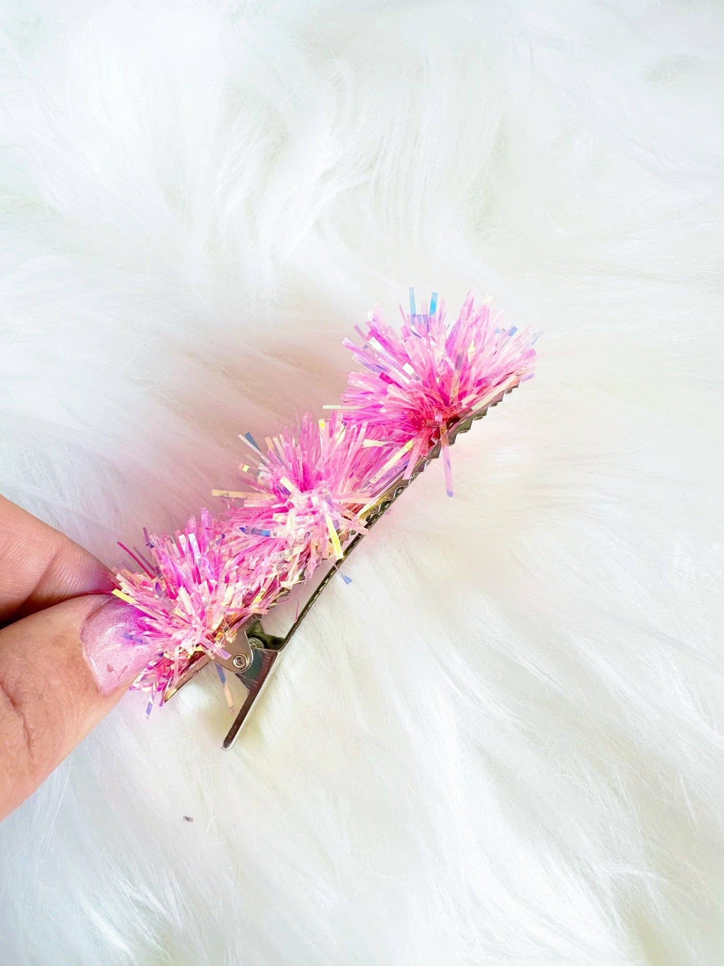 Pink Tinsel Party Pom Hair Clip