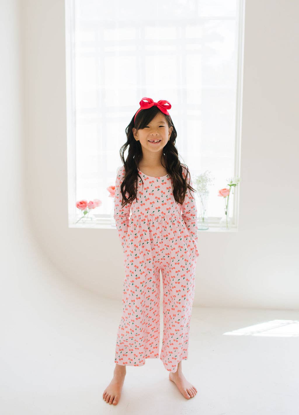 Long Sleeve Pant Romper in Cherries | girls Clothing