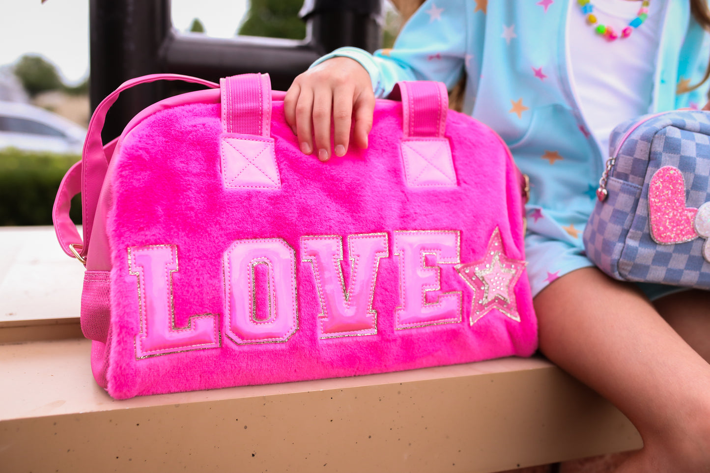 'Love' Hot Pink Plush Medium Duffle Bag