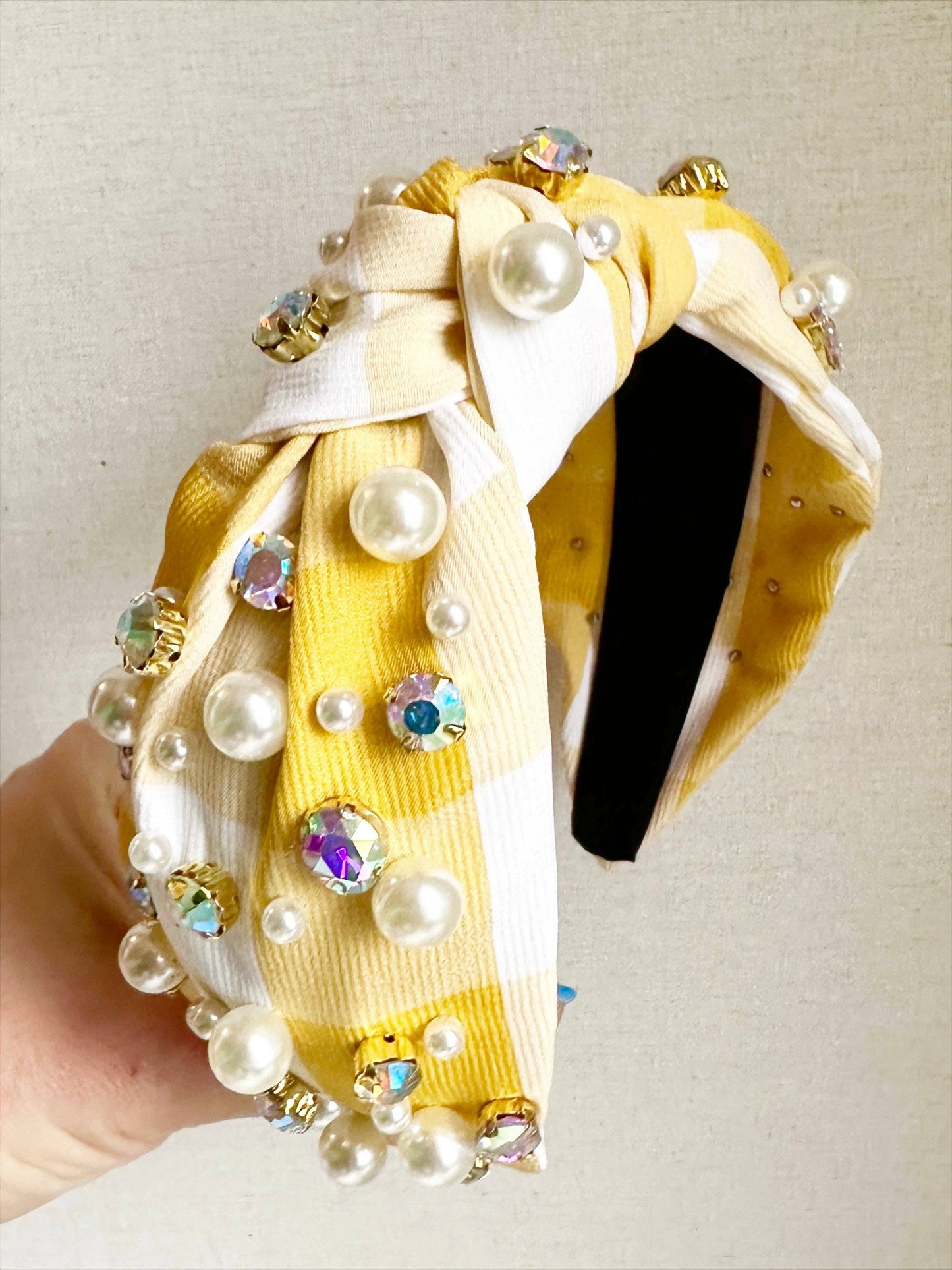 Yellow Gingham Embellished Headband