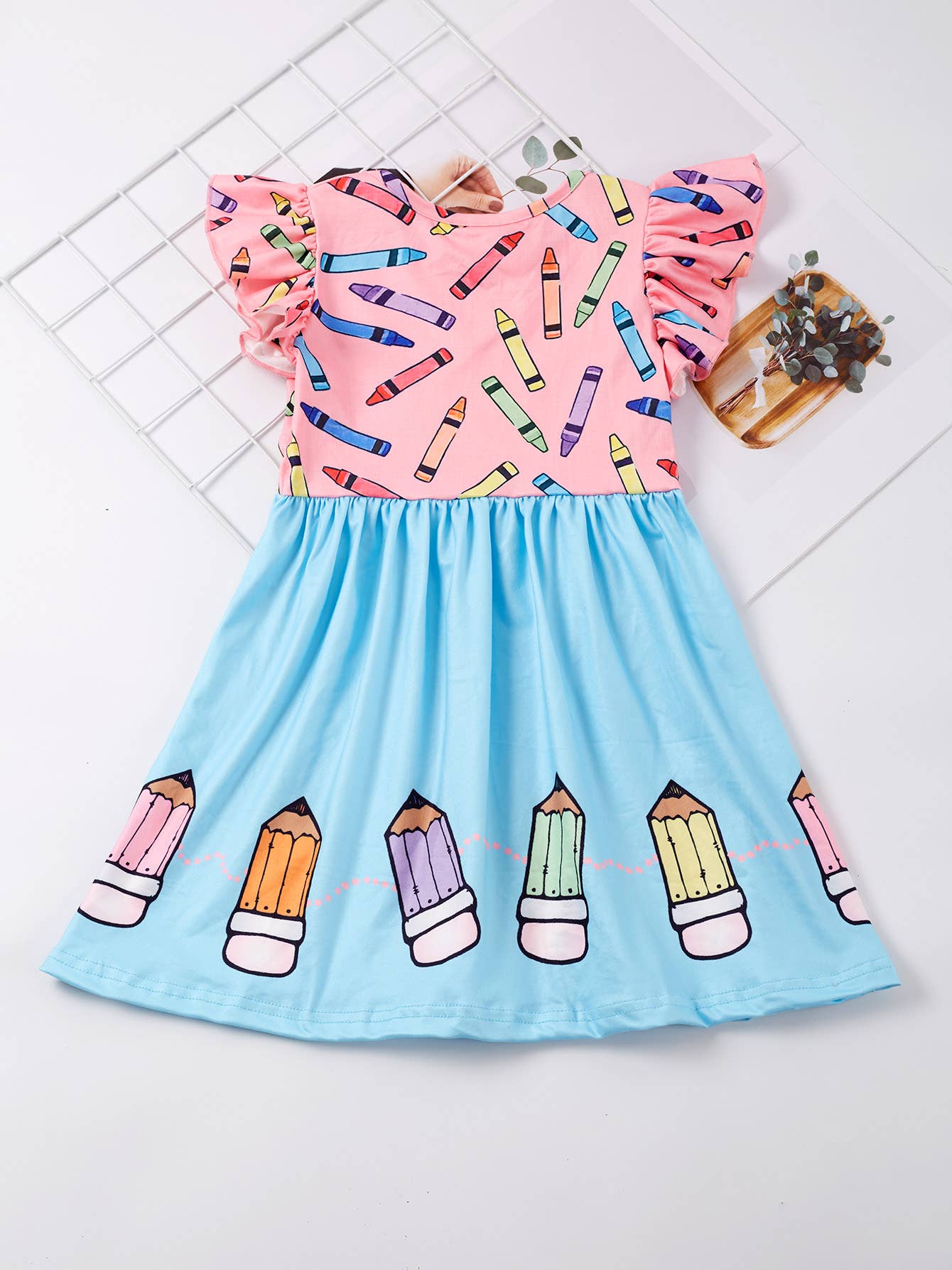 Girls Colorful Crayon Ruffle Flare Dress for back to school