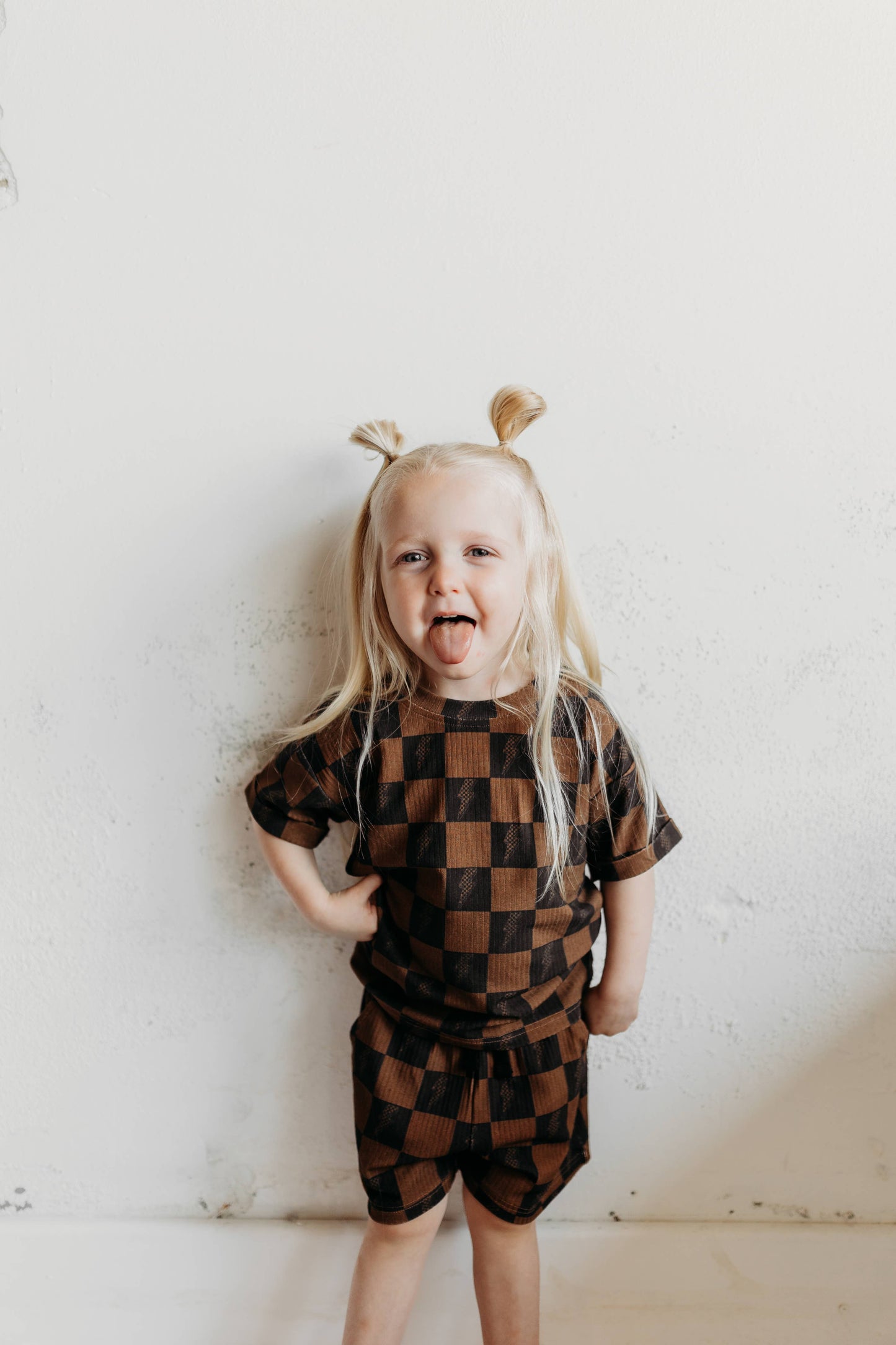 Brown Checkered Lightning Bolt Ribbed Lounge Short Set