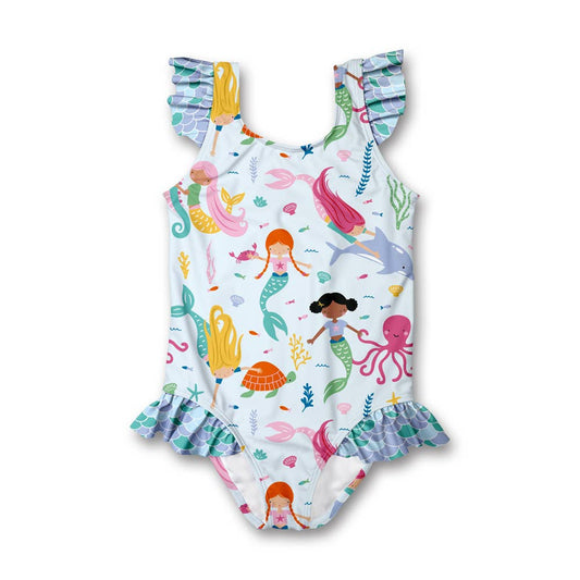 Ice Blue Mermaid Ruffle-Accent One-Piece
