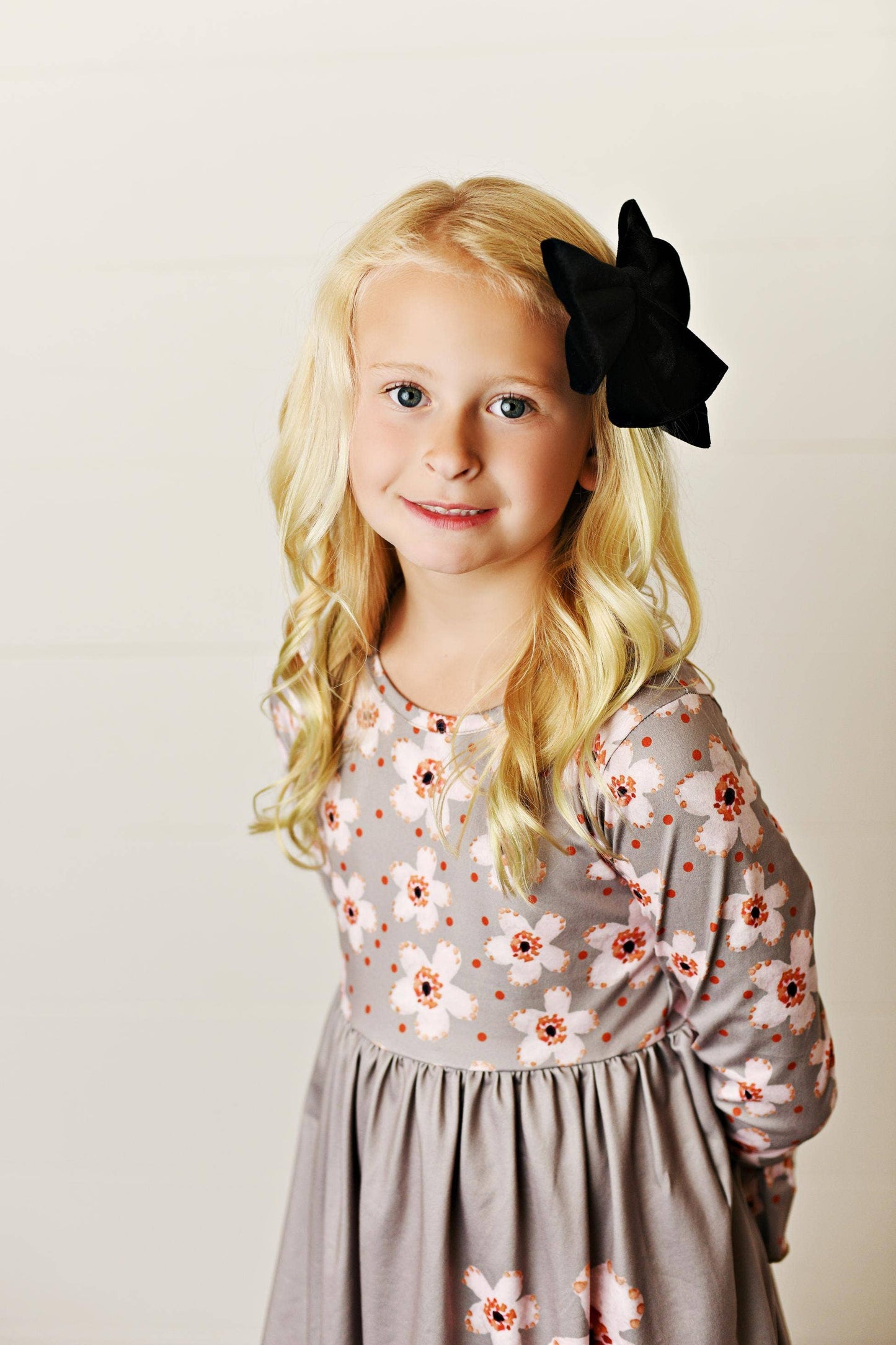 Kids Claire Beige Flower Print Twirl Fall Winter Dress