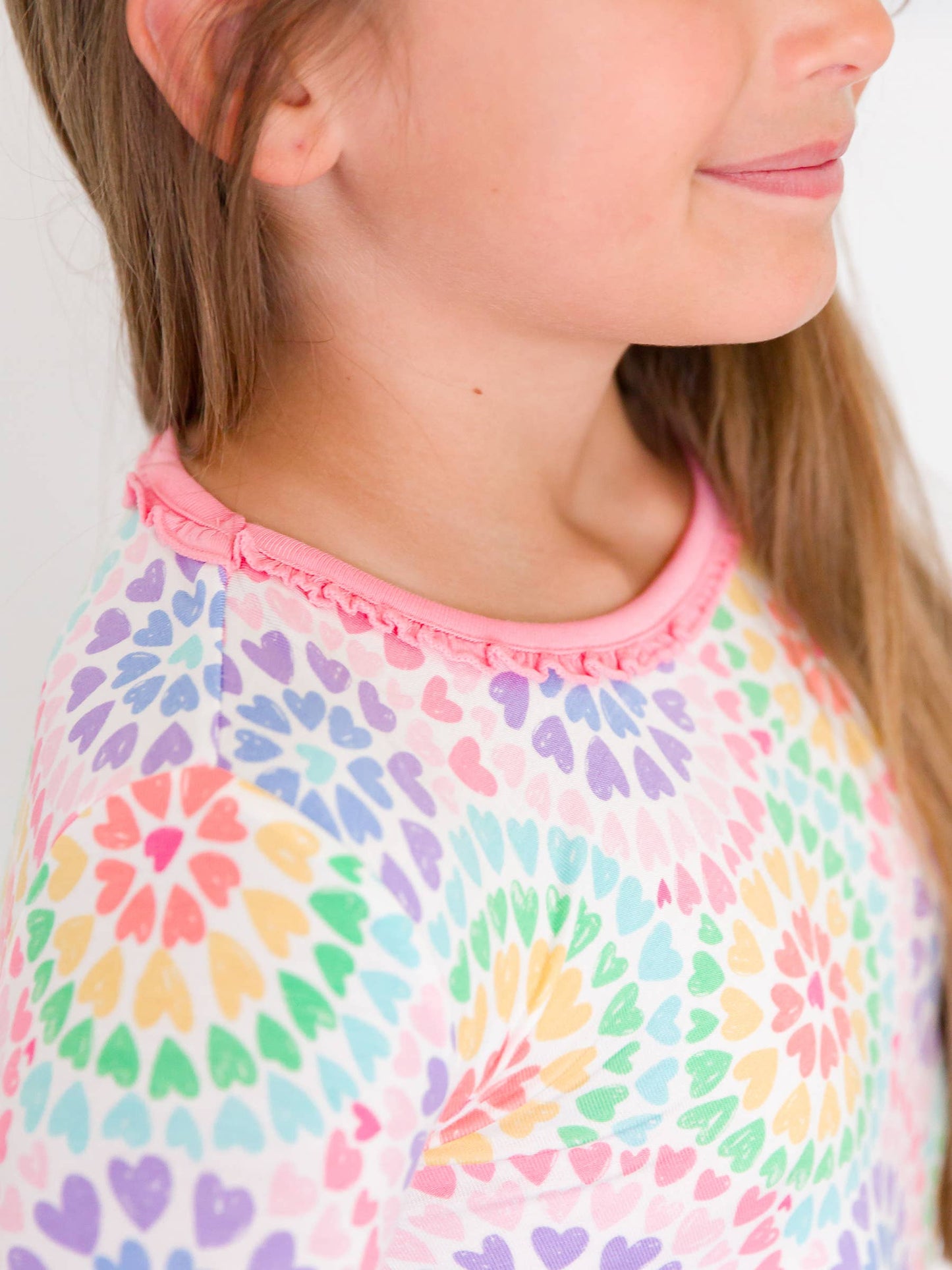 Girls Rainbow Kaleidoscope Hearts Bamboo Viscose Ruffle Long Sleeve Pajama Set