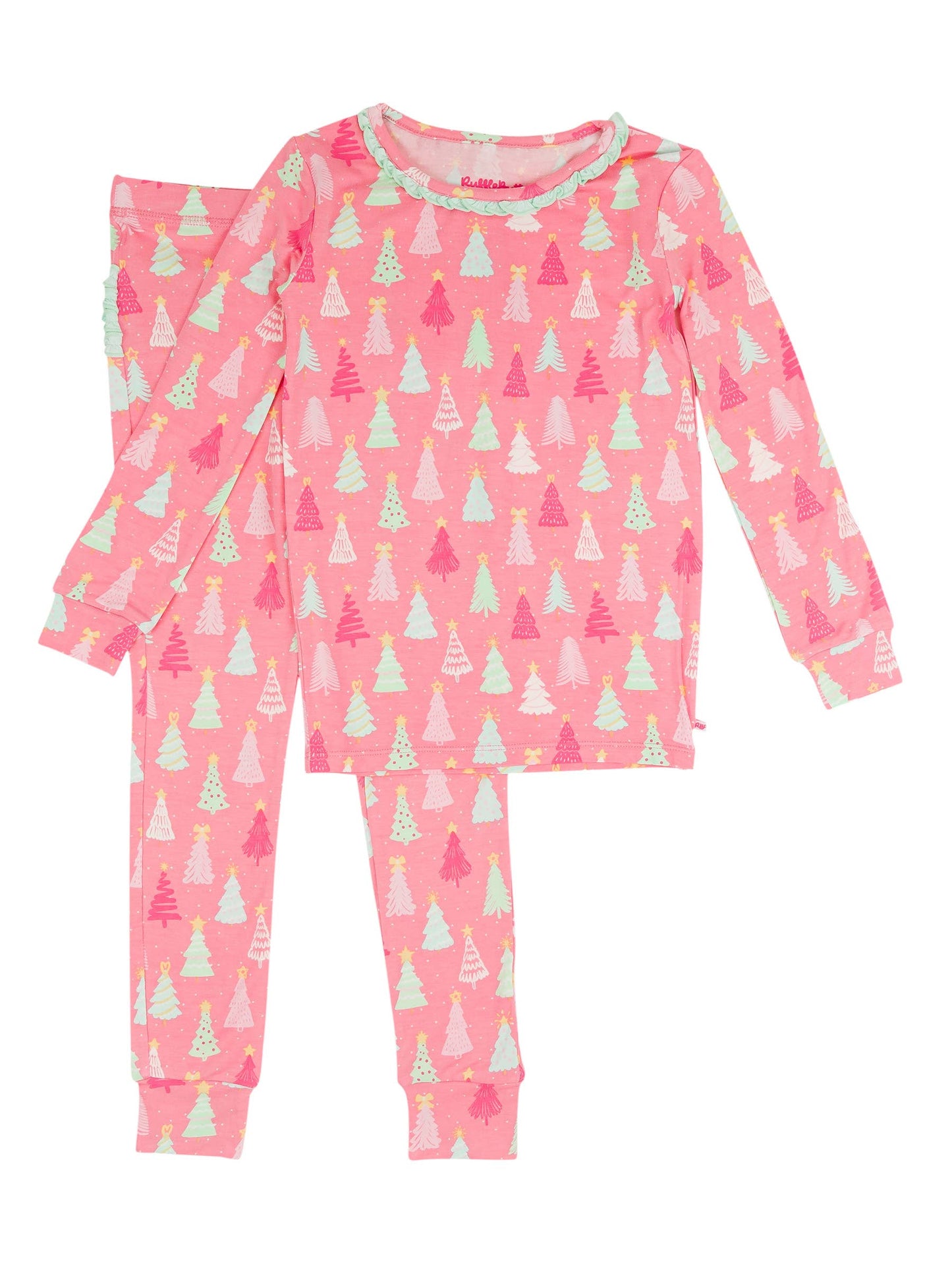 Toddler Girls Merry Pink Pines Bamboo Viscose Ruffle Long Sleeve Pajama Set