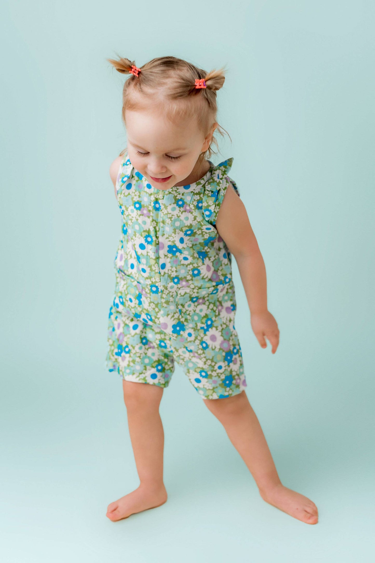 Blue & Green Flower Power Summer Romper Baby Toddler Girl