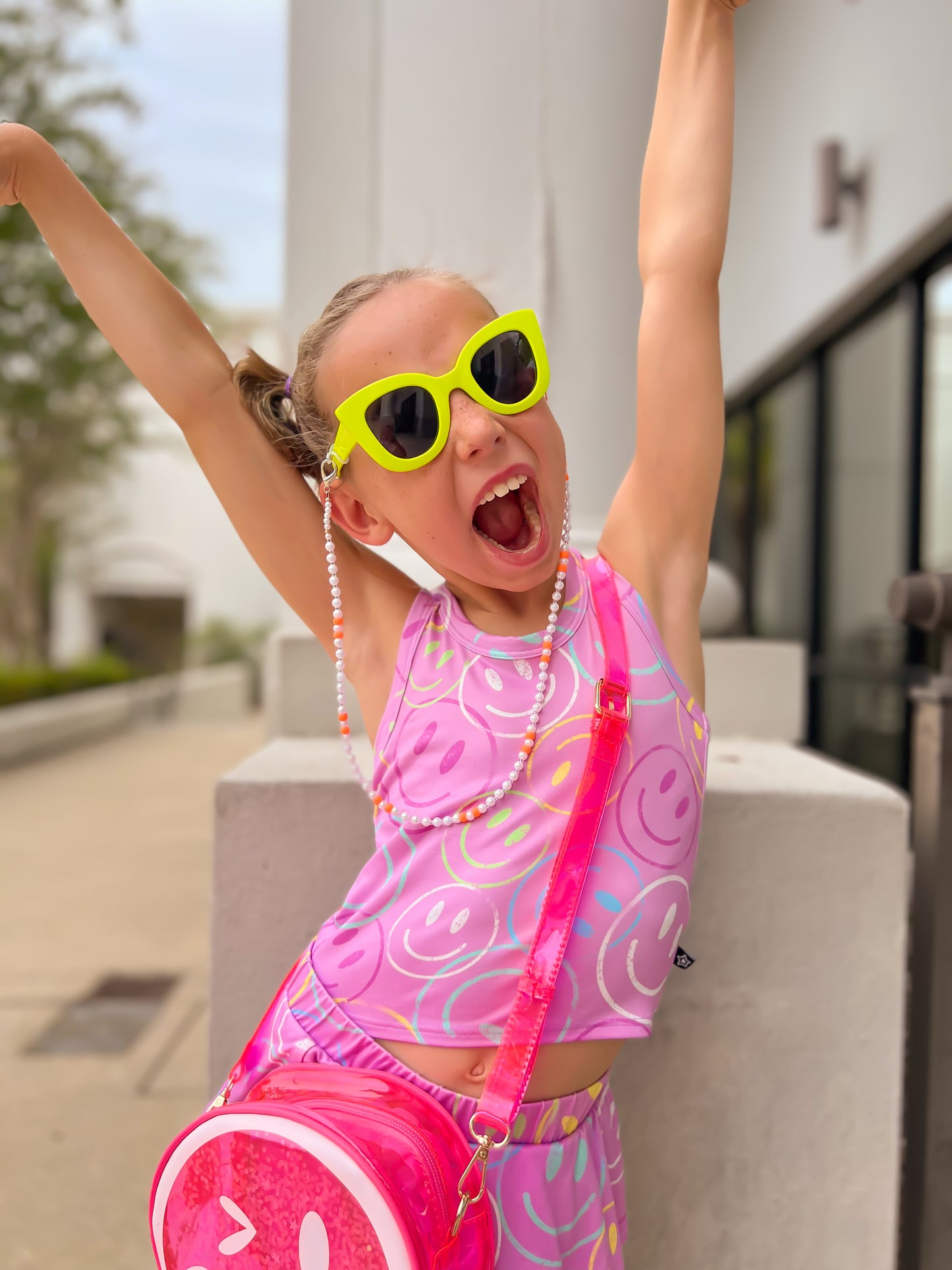 Simply Soft Cropped Racerback Tank & Ruffle Skort - Pink Outline Smiley