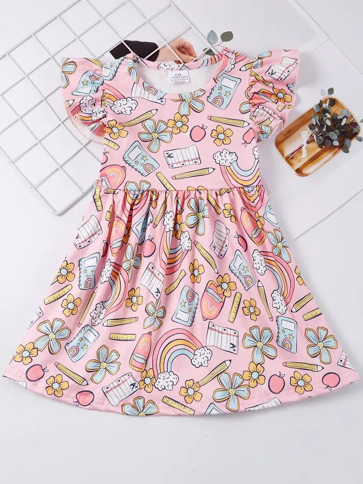 Back to School Apple pencil rainbow ruffle flutter Dress